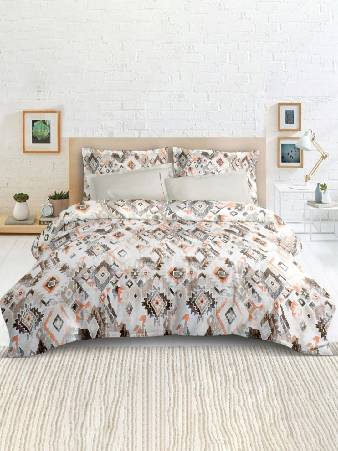 Enchant Home Satin Glory White Geometric Pure Cotton Breathable 210 TC Queen Fine Bedsheet with 2 Pillow Covers-100 x 90 inches