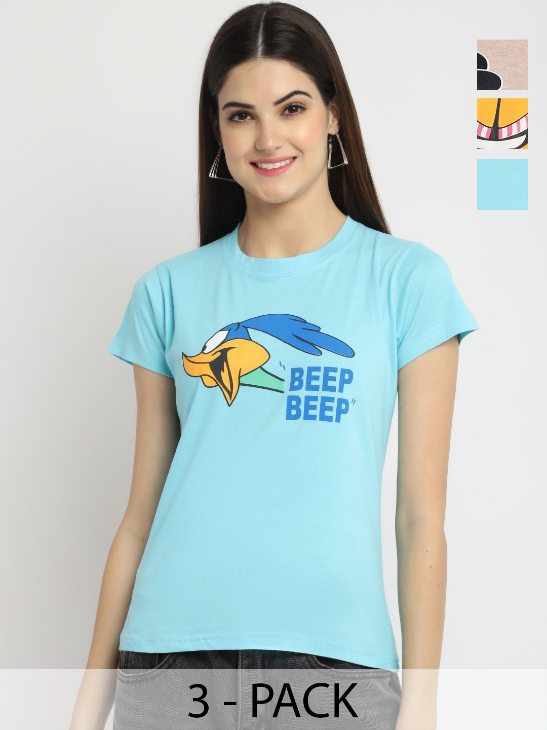 Dreambe Women Pack Of 3 Looney Tunes Graphic Printed Round Neck Cotton T-shirts