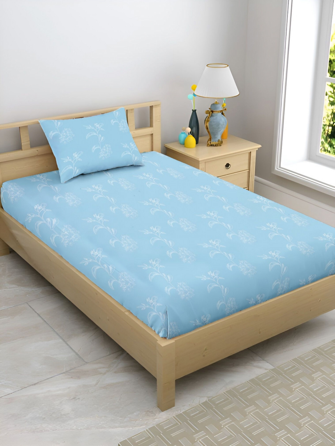 Enchant Home Satin Glory Single Blue Floral Cotton Breathable 210 TC Single Fine Bedsheet with a Pillow Cover-59 x 90 inches