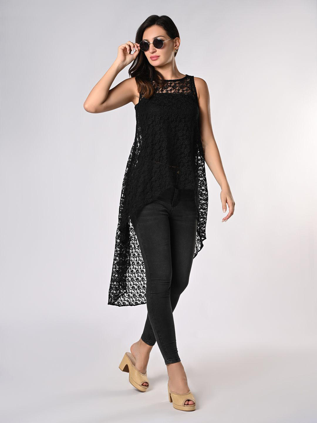 Iti Embellished Lace High-Low Longline Top
