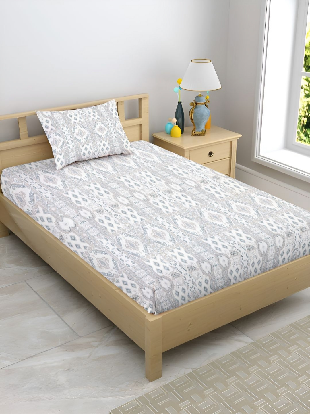 Enchant Home Satin Glory Single Blue Geometric Cotton Breathable 210 TC Single Fine Bedsheet with a Pillow Cover-59 x 90 inches