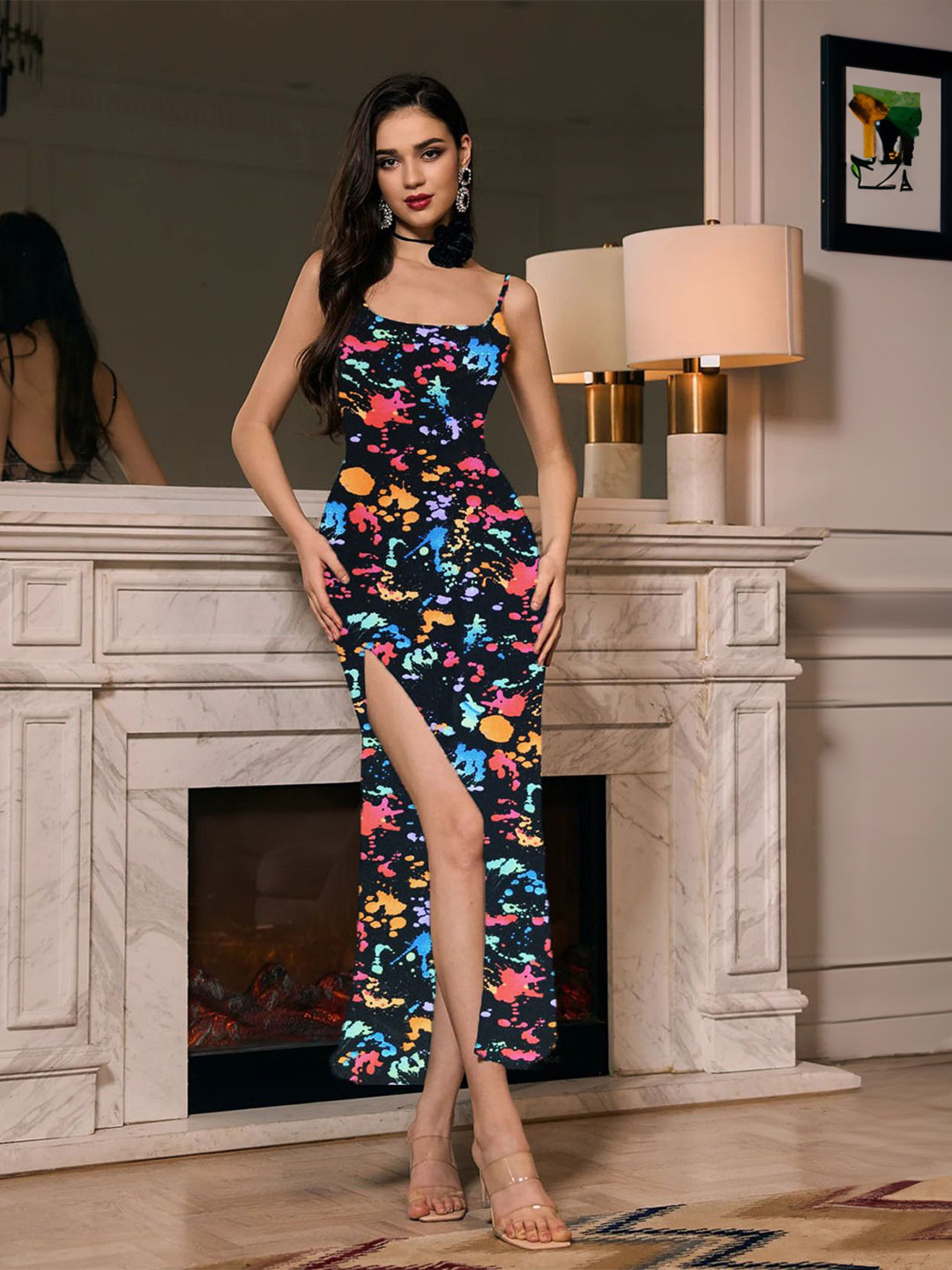 TRAQUILA Abstract Print Bodycon Maxi Dress
