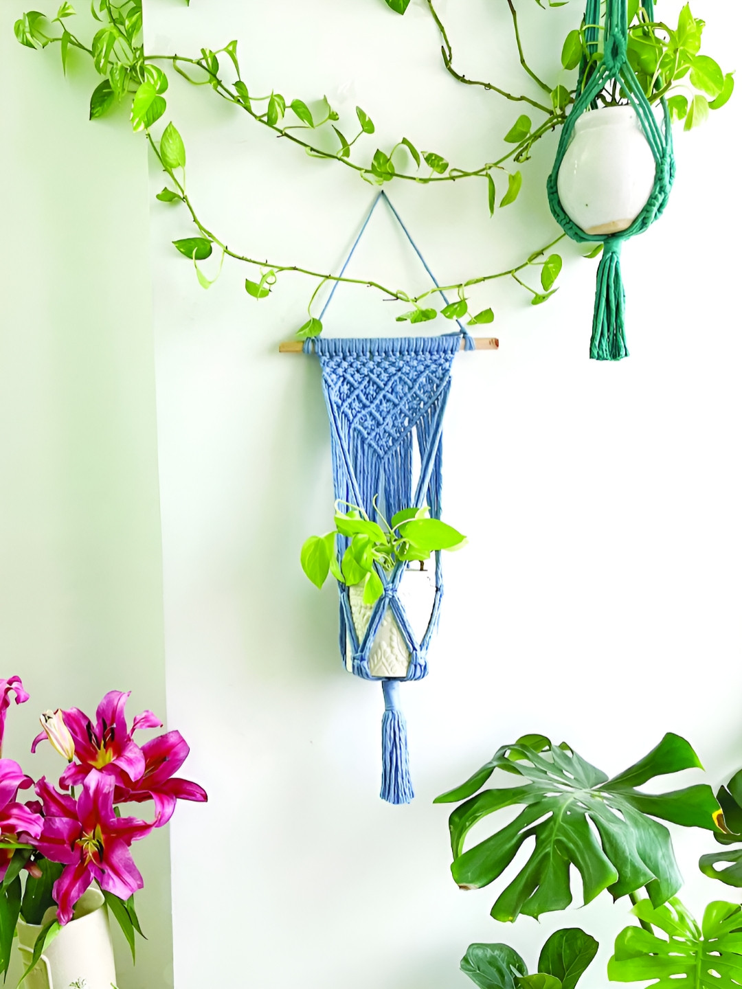 Story of Knots Blue Pure Cotton Macrame Wall Hanging Planter