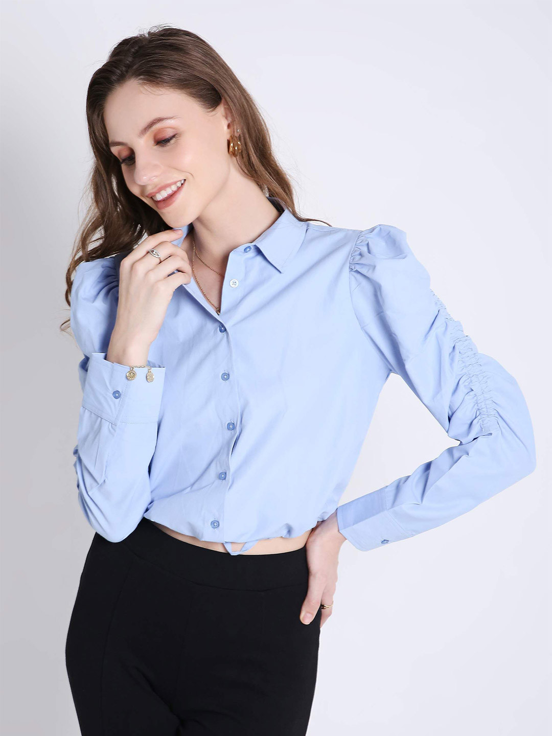 French Theory Women Comfort Fit Spread Collar Solid Cotton Casual Shirt