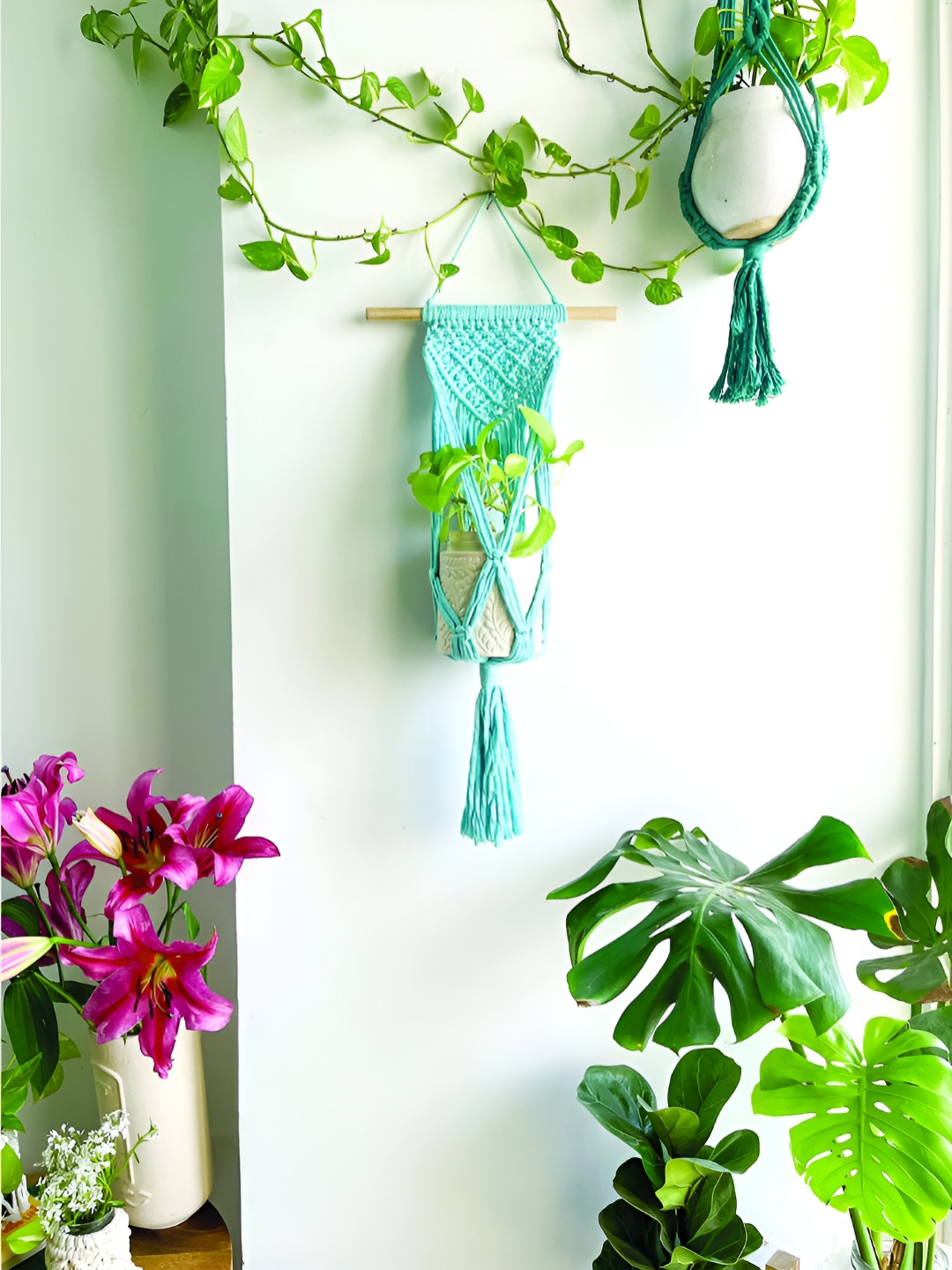 Story of Knots White & Blue Pure Cotton Macrame Wall Hanging Planter