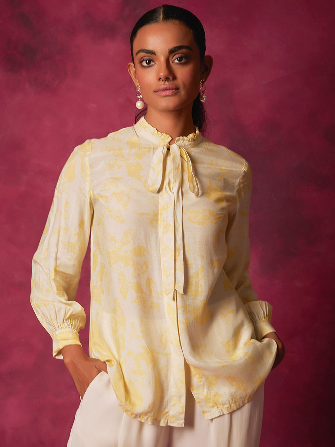 SAUNDH Women Abstract Printed Tie-Up Neck Shirt Style Top