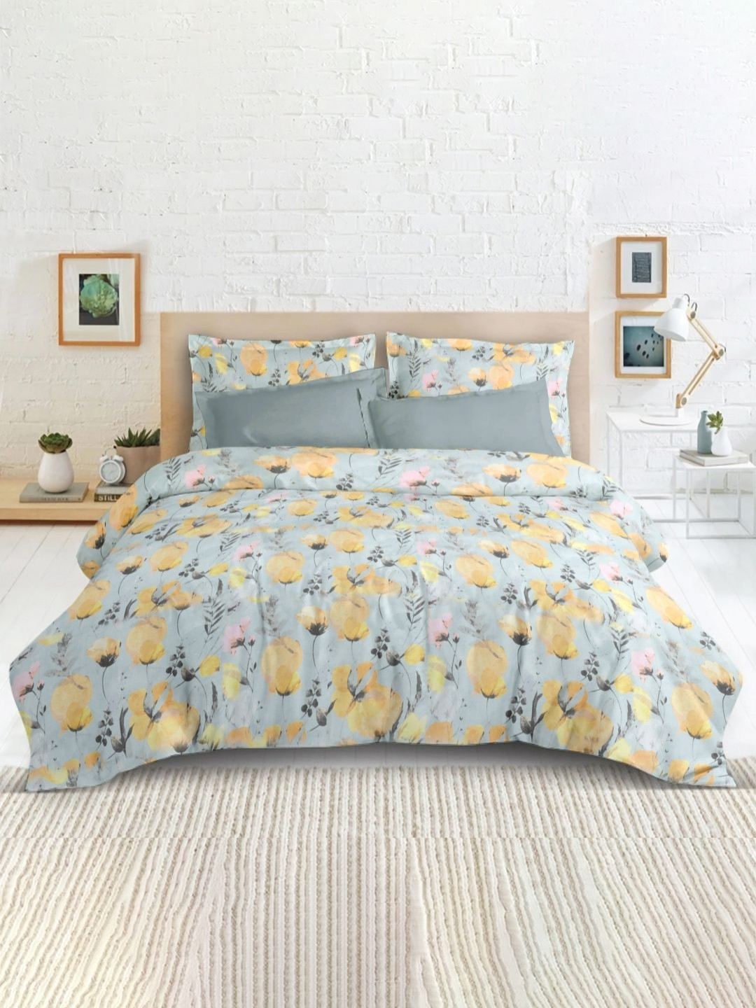 Enchant Home Satin Glory Queen Blue Floral Cotton Breathable 210 TC Queen Fine Bedsheet with 2 Pillow Covers-100 x 90 inches