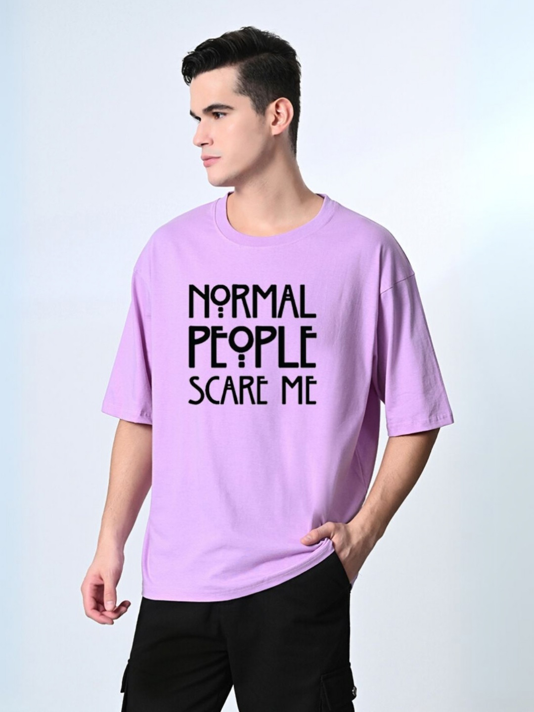 Lavender Men Typography Printed Oversized T-shirt