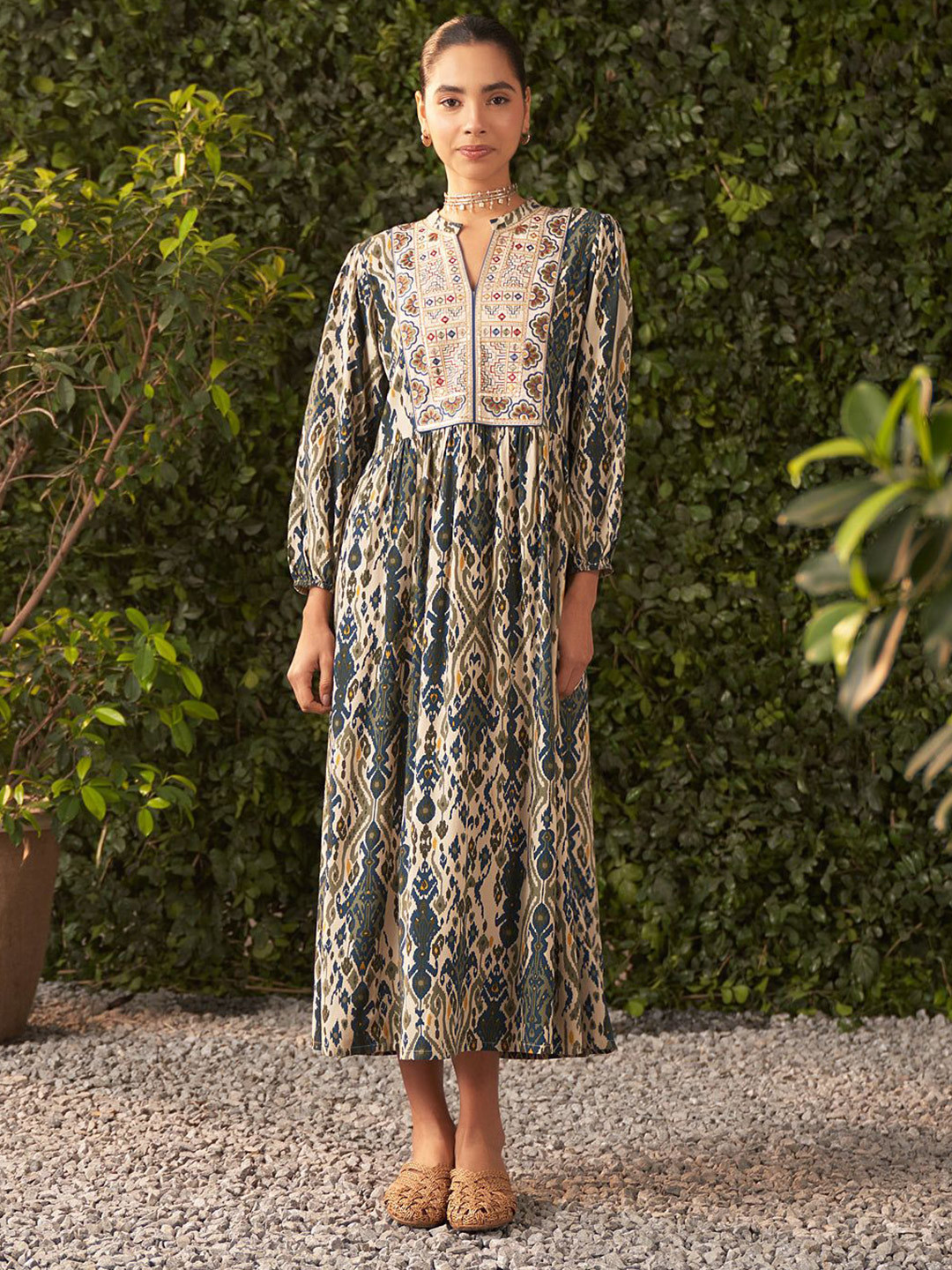 Lakshita Blue Printed Rayon Flared Dress for Women