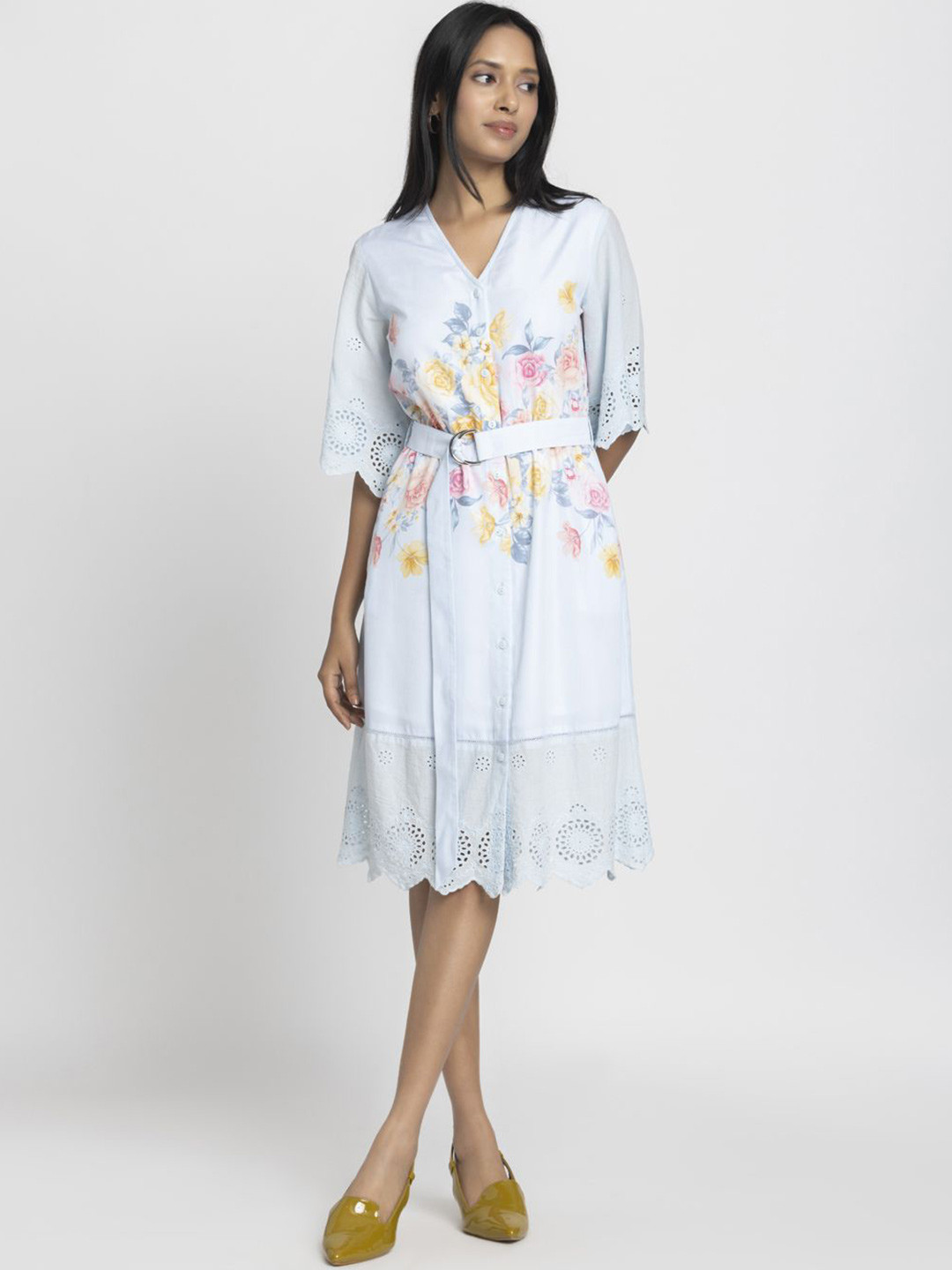 SHAYE Women Light Blue V-Neck Floral Print Short Sleeves Casual A-Line Dresses