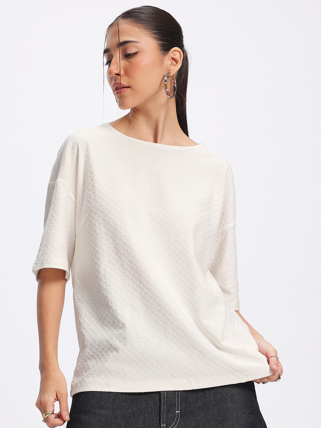 Cream Oversized Round Neck Drop-Shoulder T-shirt