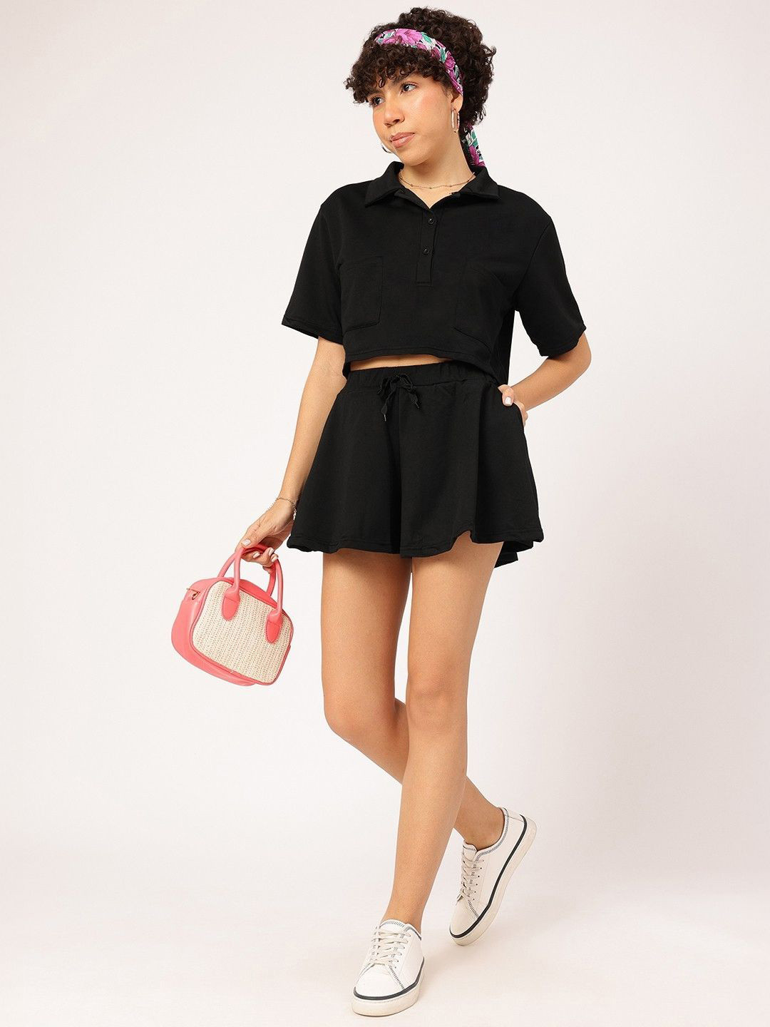 StyleCast  Short Sleeves Shirt Collar Crop Top With Shorts