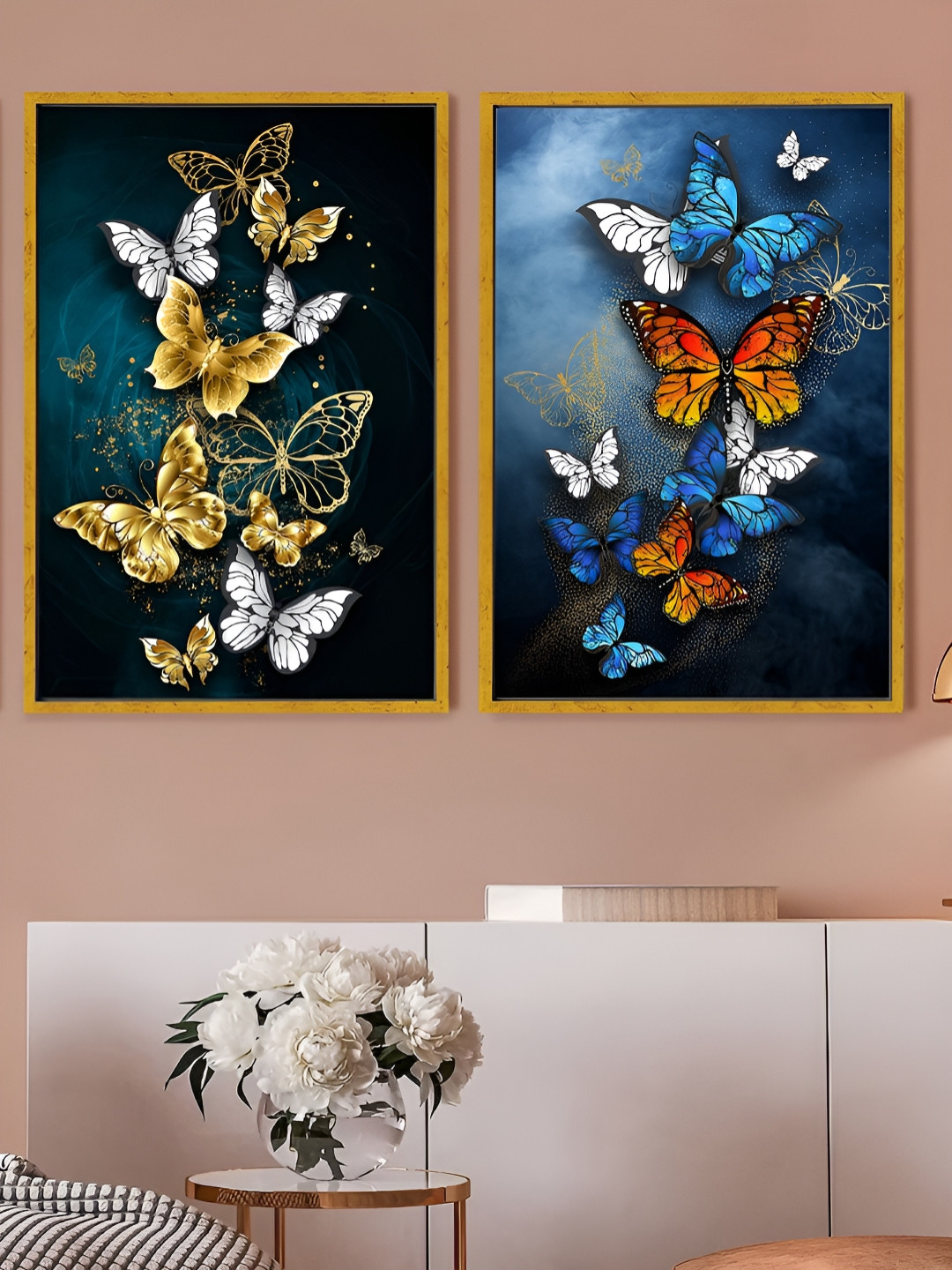 Art Street Blue & Gold-Toned 2 Pieces Butterflies Printed Canvas Wall Paintings