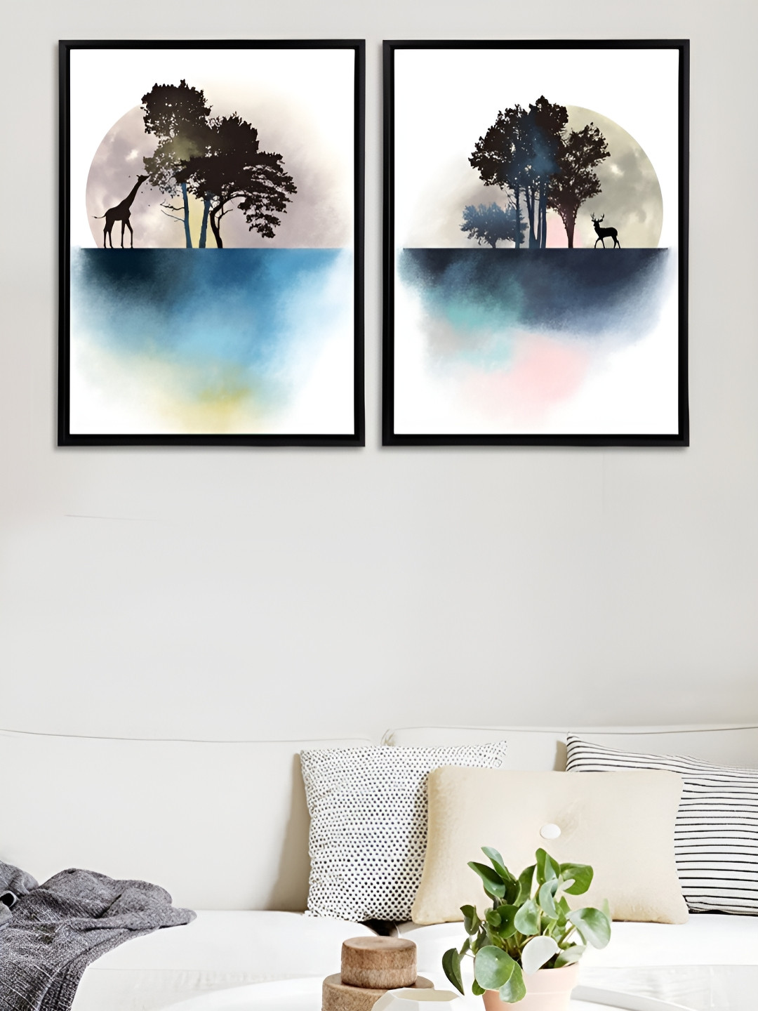 Art Street Black & Pink 2 Pieces Trees Printed Canvas Wall Paintings