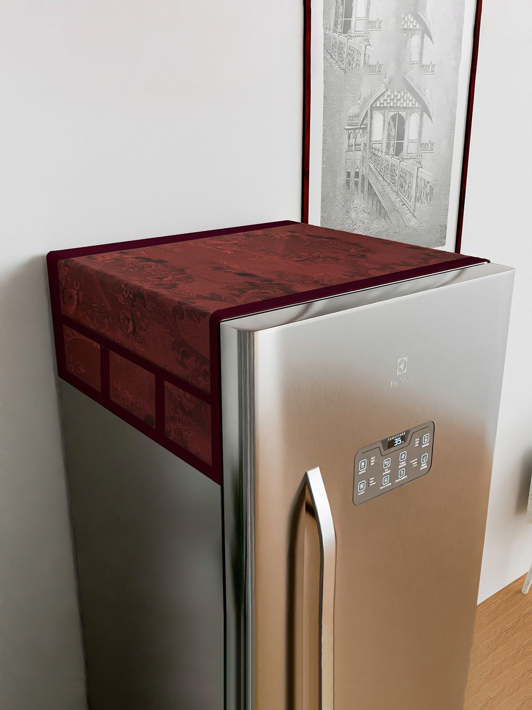 Kuber Industries Maroon Printed Extra Durability Fridge Top Cover With 6 Side Pockets