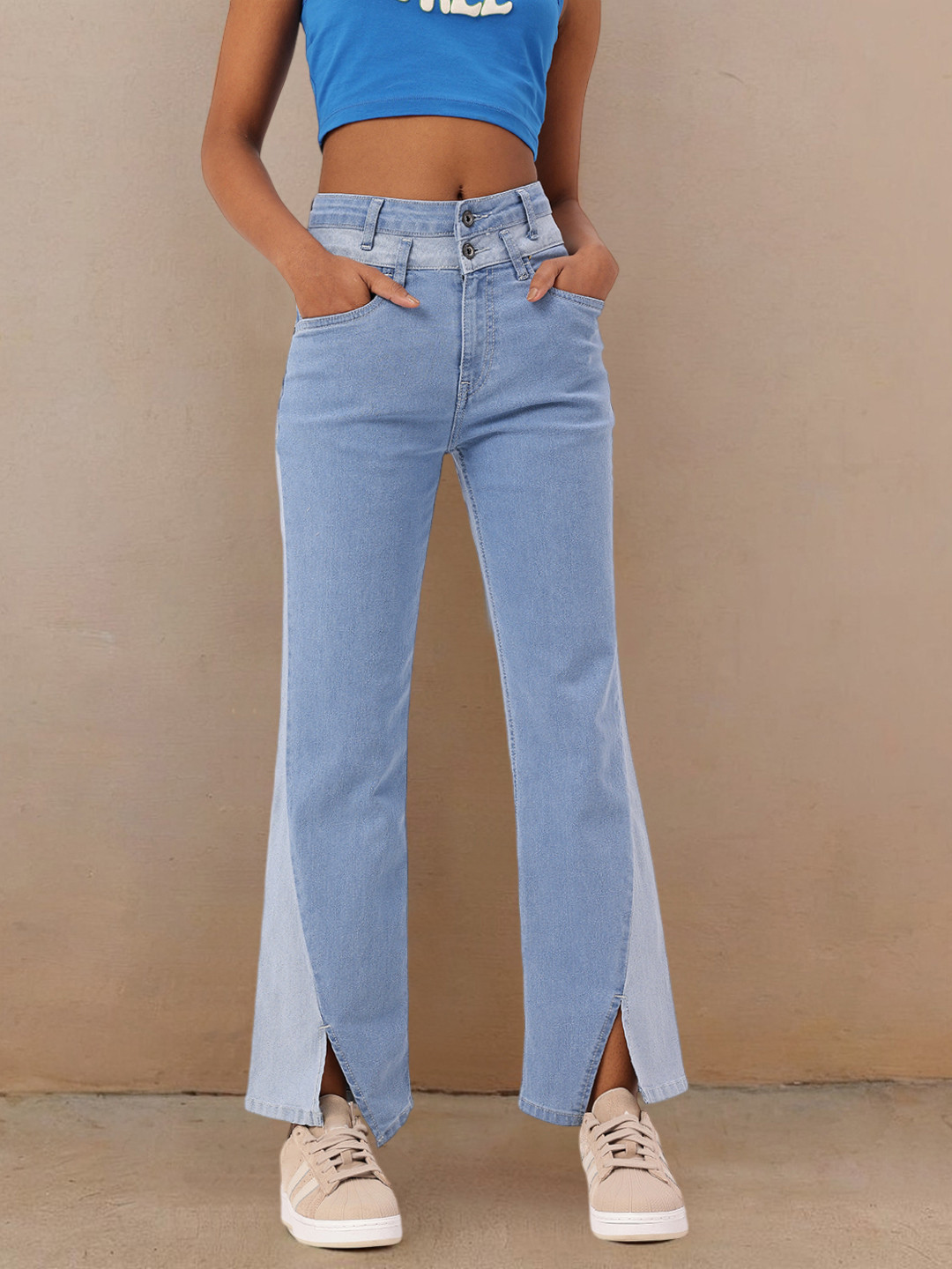 The Roadster Life Co. Women Urban Grunge Bootcut Fit Heavy Fade Front Slit  Jeans