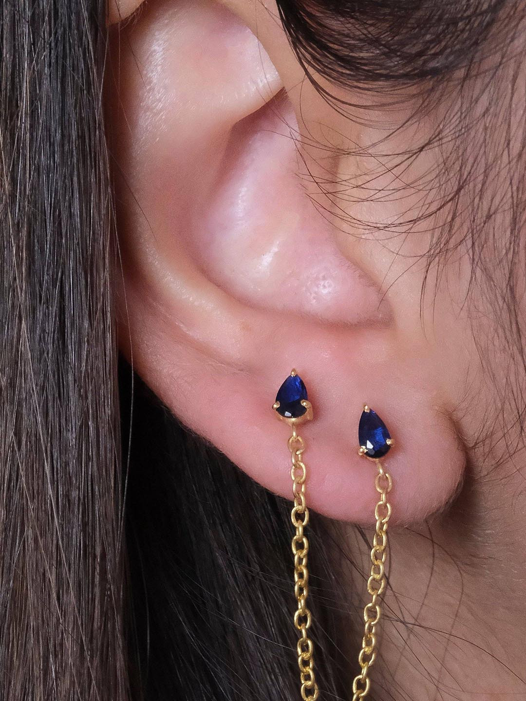 Anushka Jain Jewellery 92.5 Sterling Silver Gold-Plated Sapphire Drop Ear Chain Earrings