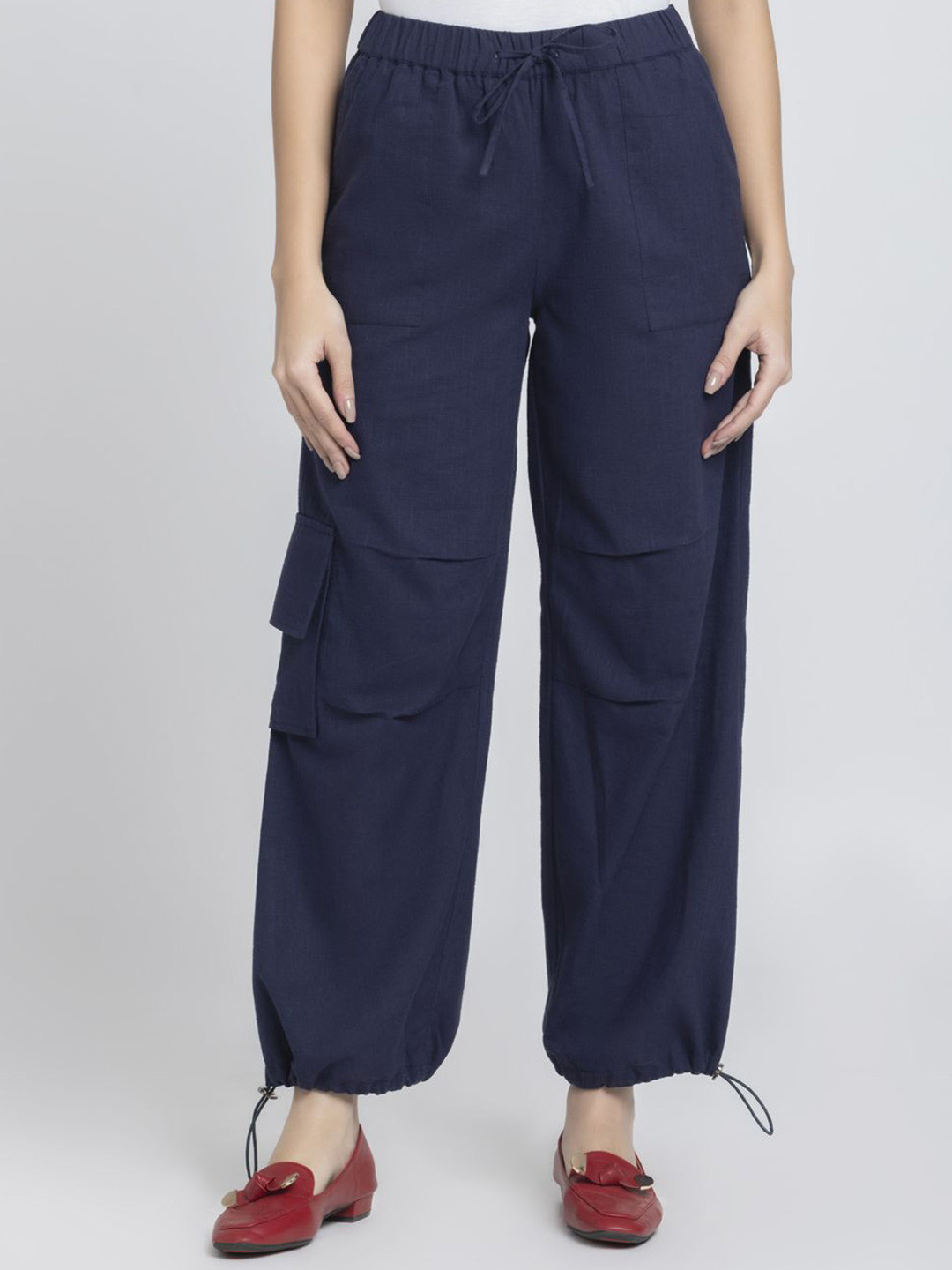 SHAYE Navy Blue High-Rise Solid Straight Casual Trousers For Women