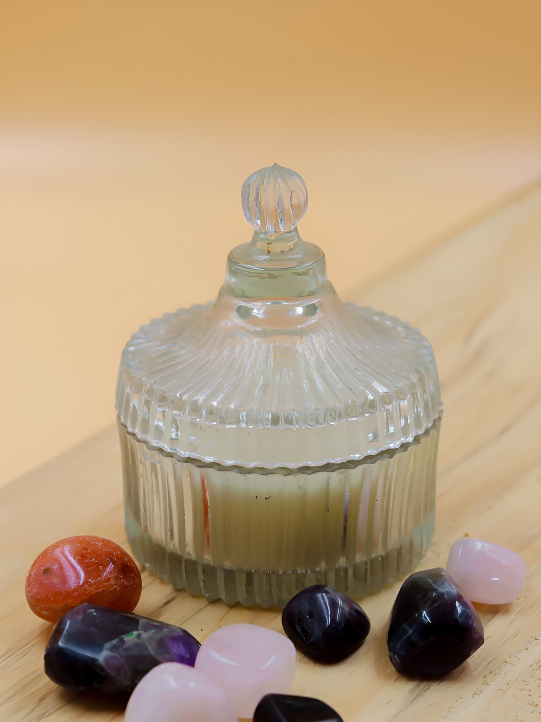 HARINI Elegant Glass Holder Clear Quarts Affirmation Smokeless Scented Striped Jar Candles