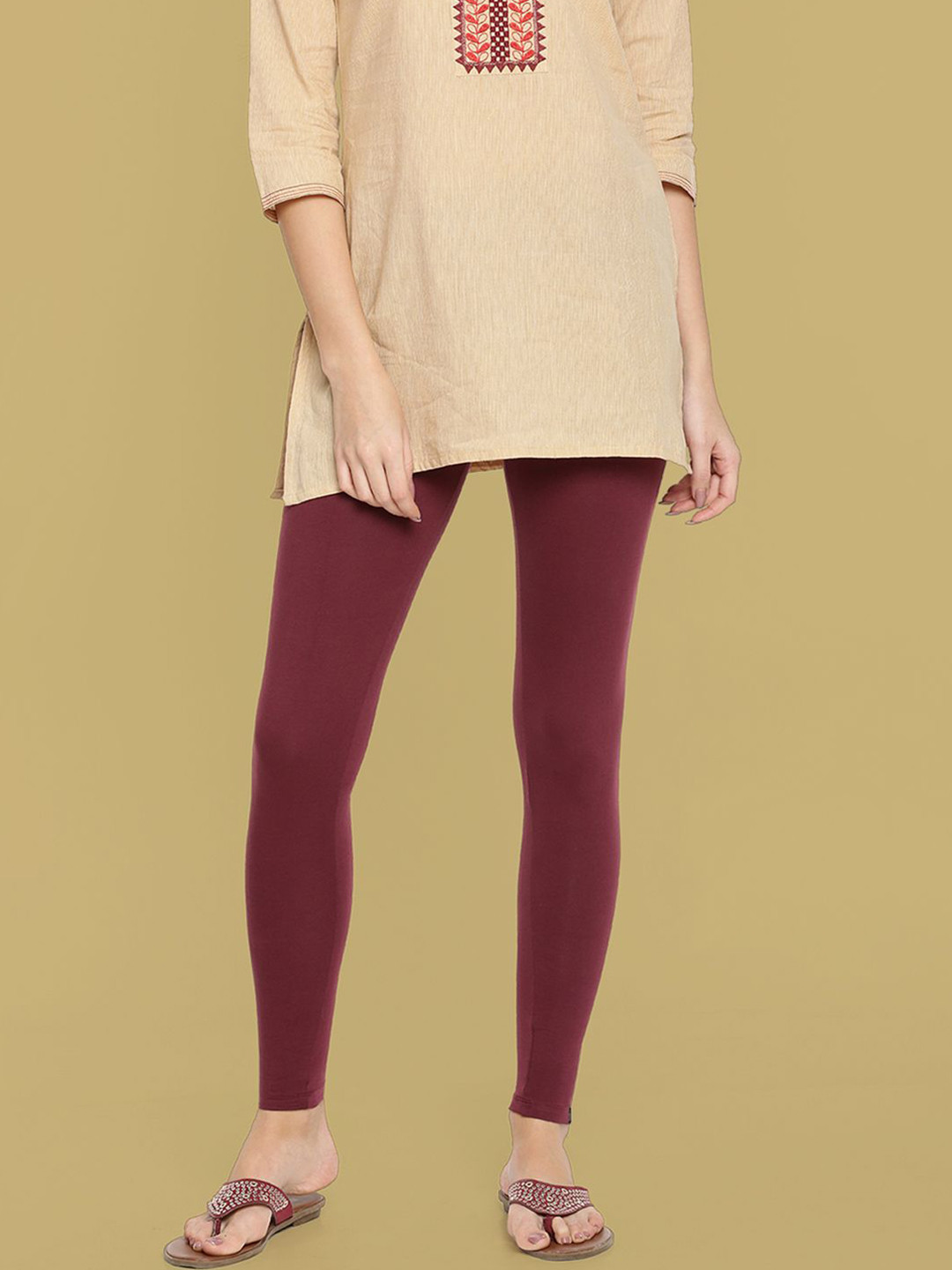 TWIN BIRDS Women Cotton Blend Solid Mehandi Maroon Ankle Length Legging