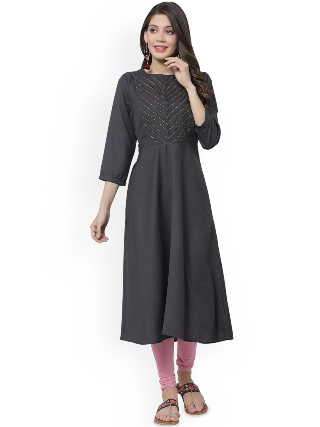 DELIS Yoke Design Round Neck Thread Work A-Line Kurta