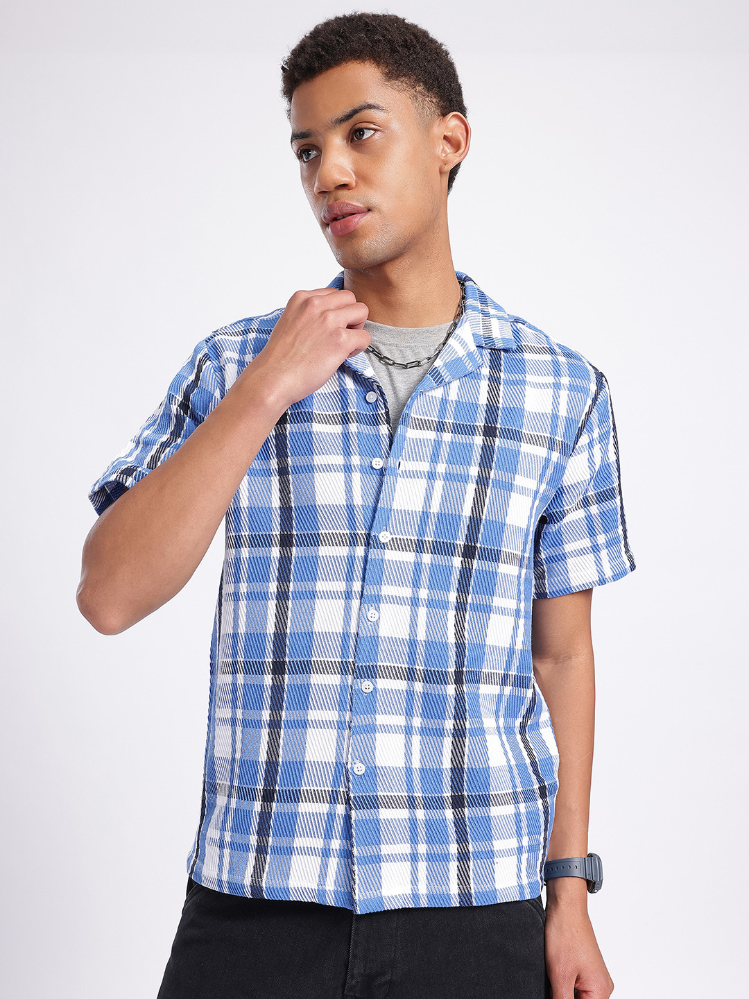glitchez Timeless Tartans Cuban Collar Relaxed Fit Shirt with Textured Detail