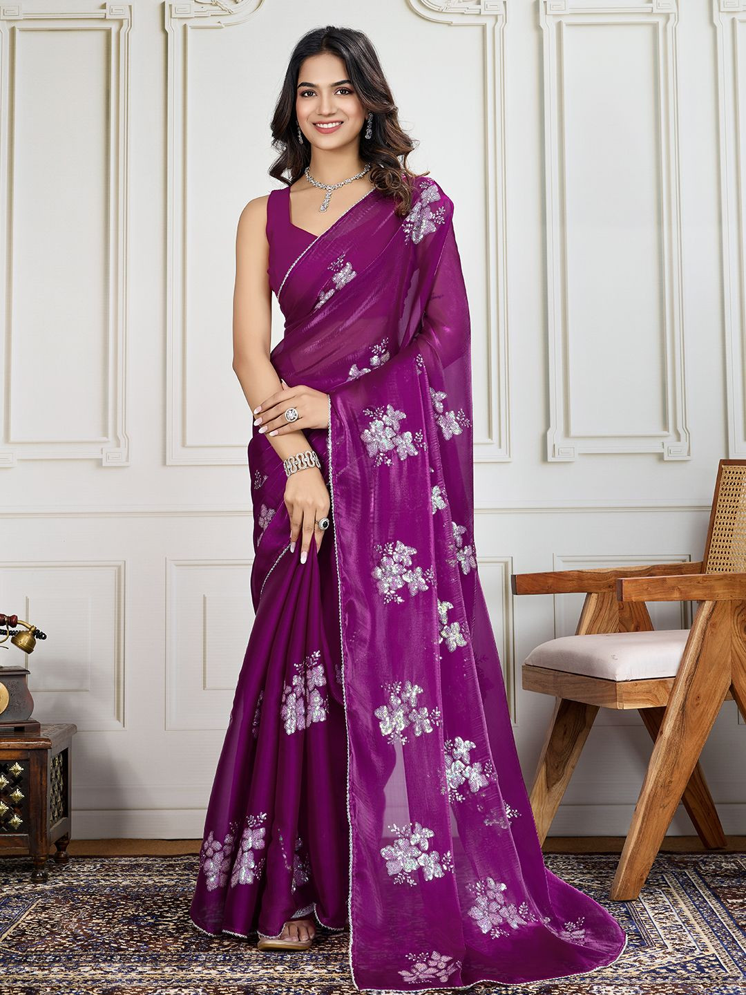 Purple Embroidered Saree With Blouse Piece