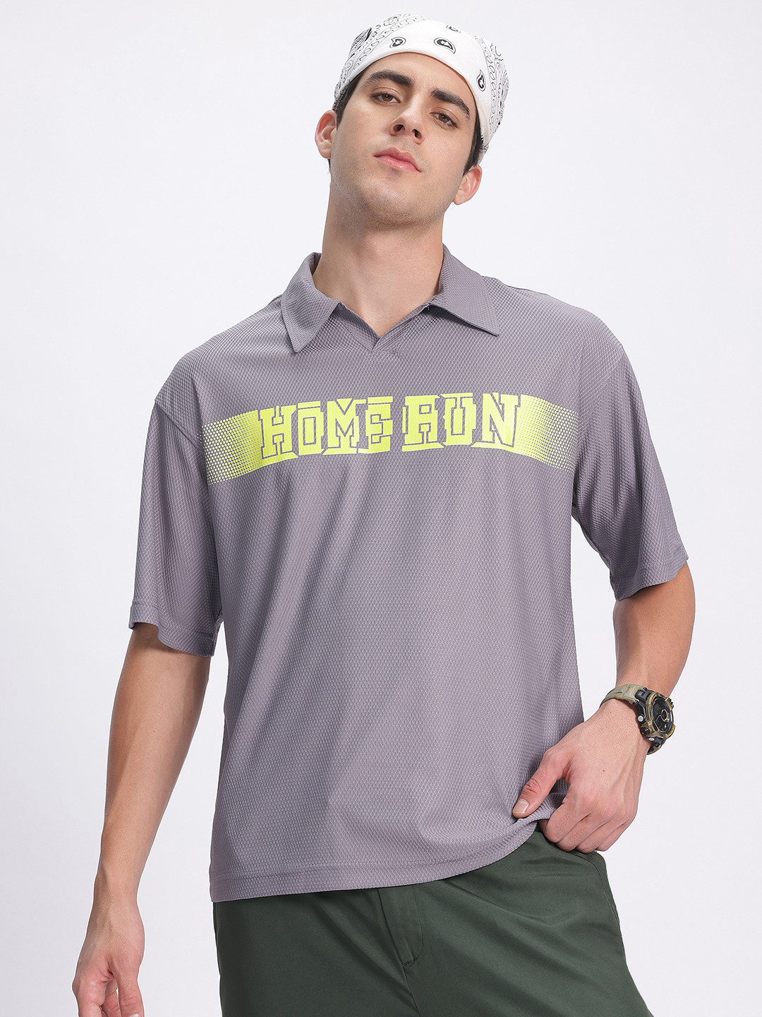 glitchez Textured Typography Polo Collar Relaxed T-shirt
