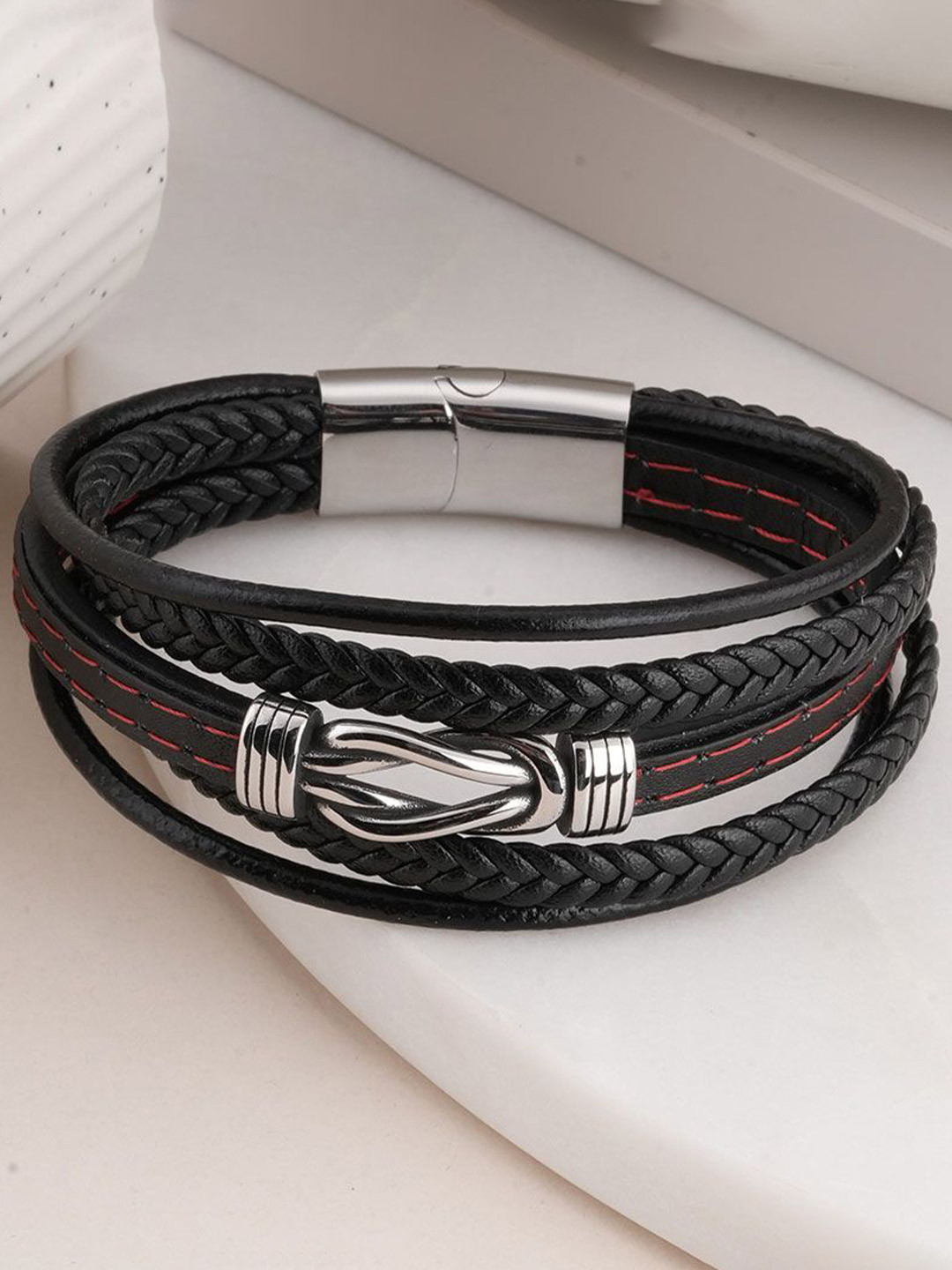 PALMONAS Men Silver-Plated Stainless Steel Waterproof & Anti-Tarnish Wraparound Bracelet