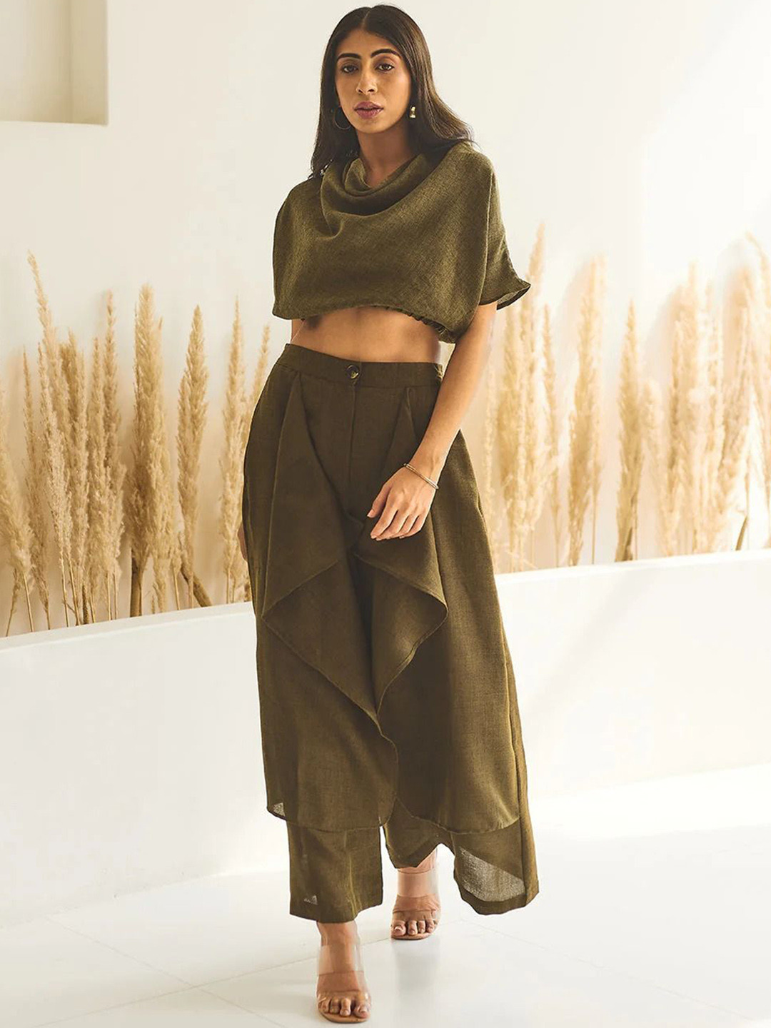HOUSE OF FETT Cowl Neck Linen Top With Draped Trousers