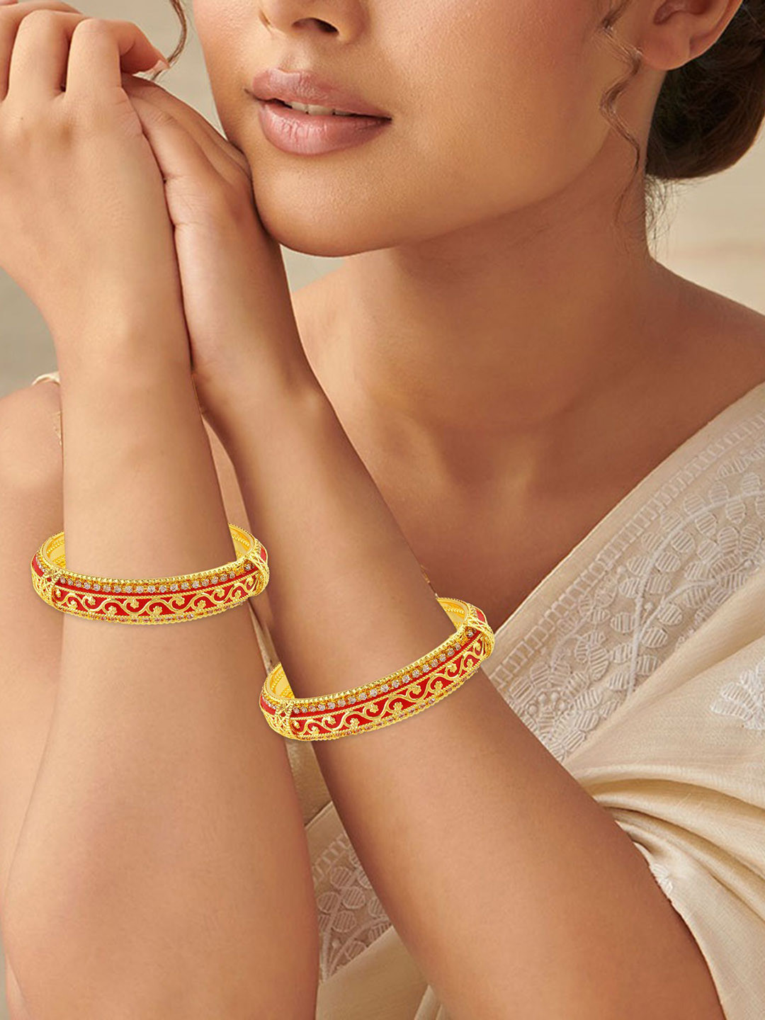 MEMOIR Set Of 2 24KT Gold-Plated Imitation Diamond Stones Studded Meenakari Bangles