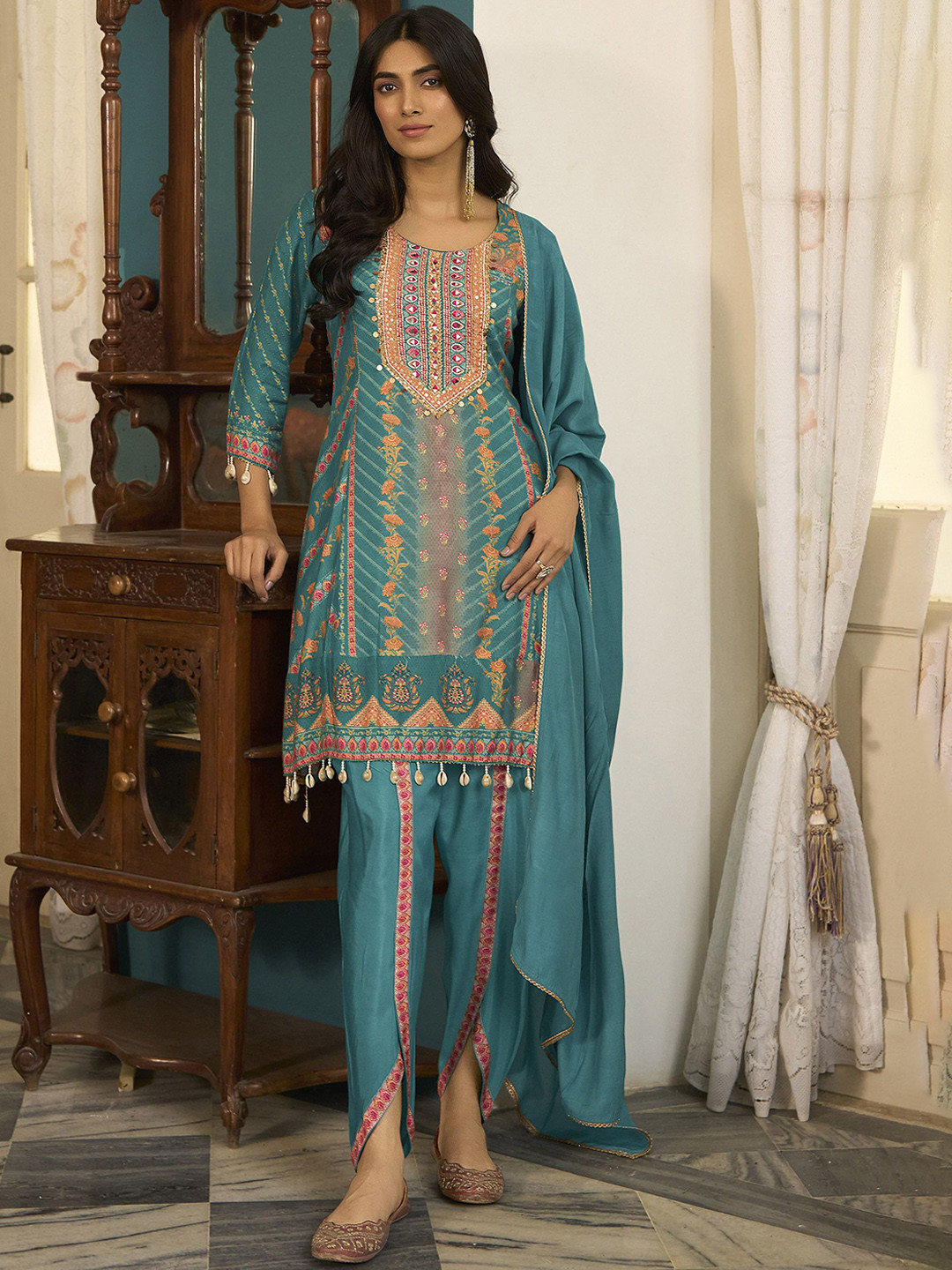 Anouk Ethnic Motifs Printed Thread Work Pure Silk Kurti With Dhoti Pants & Dupatta