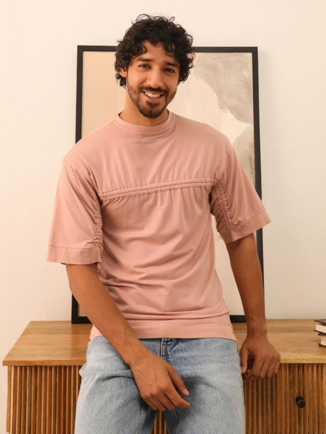 PRIMAL GRAY Men Drop-Shoulder Sleeves Pockets T-shirt