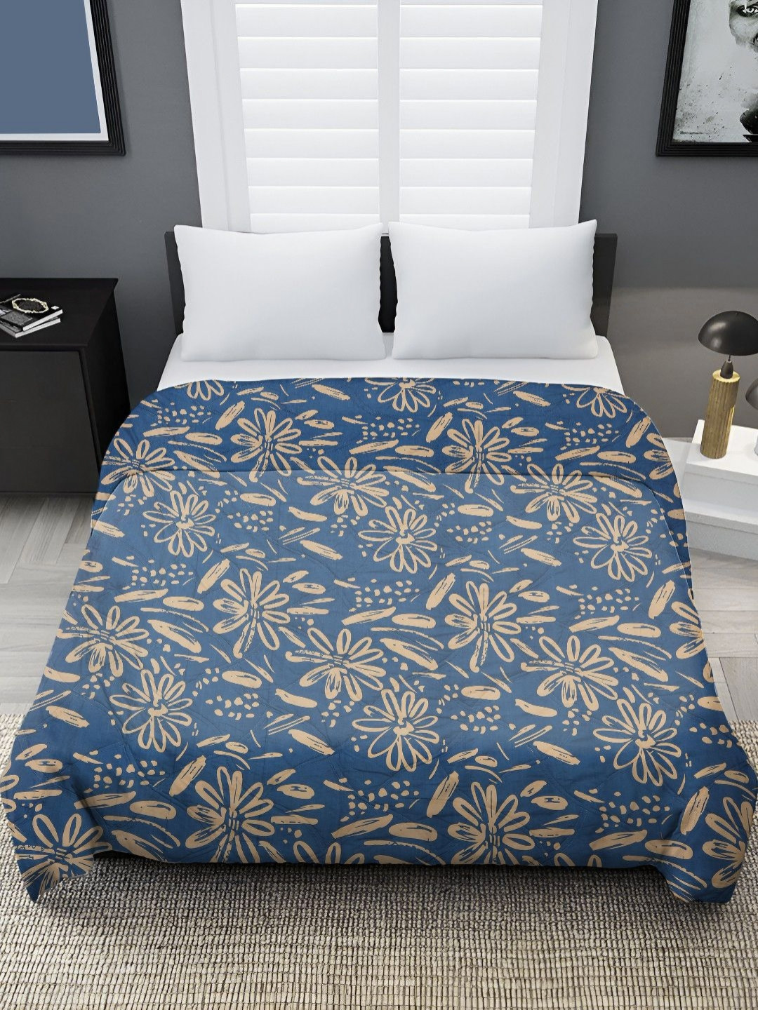 RRC Blue & Gold-Toned Floral Microfiber AC Room 150 GSM Double Bed Comforter