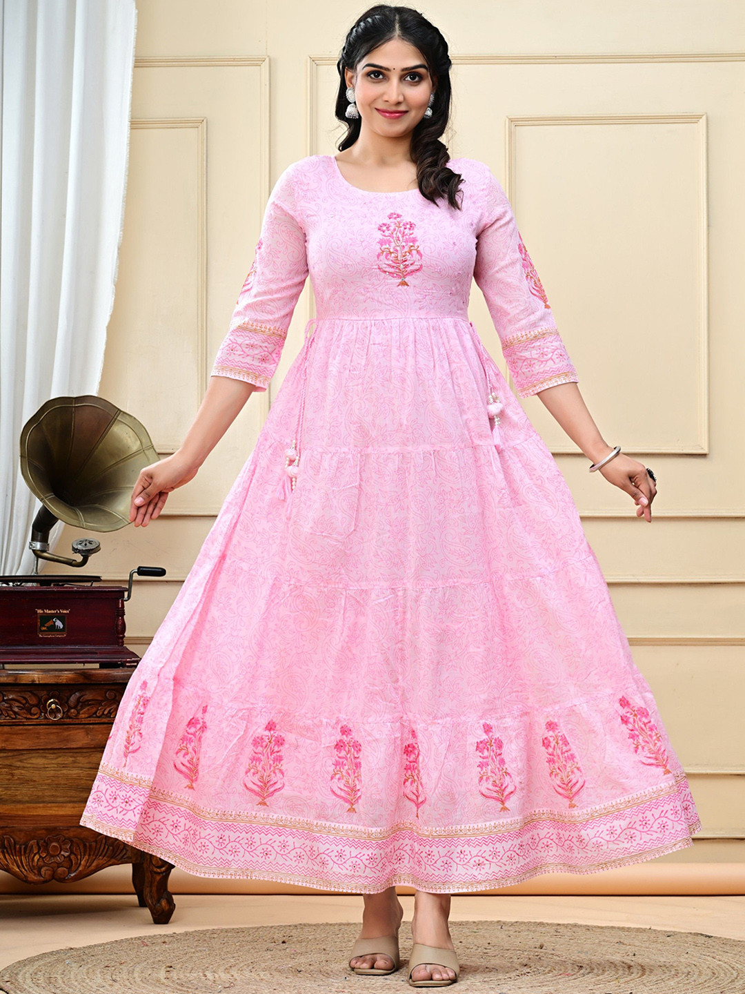 RAABA Floral Printed Round Neck Cotton Fit and Flare Ethnic Dresses