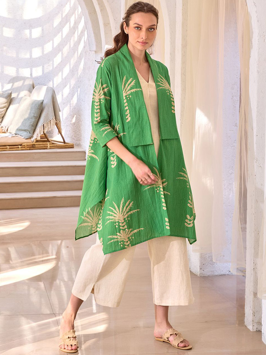 HOUSE OF FETT Palm Island Printed V-Neck Pure Cotton Top And Jacket With Trousers