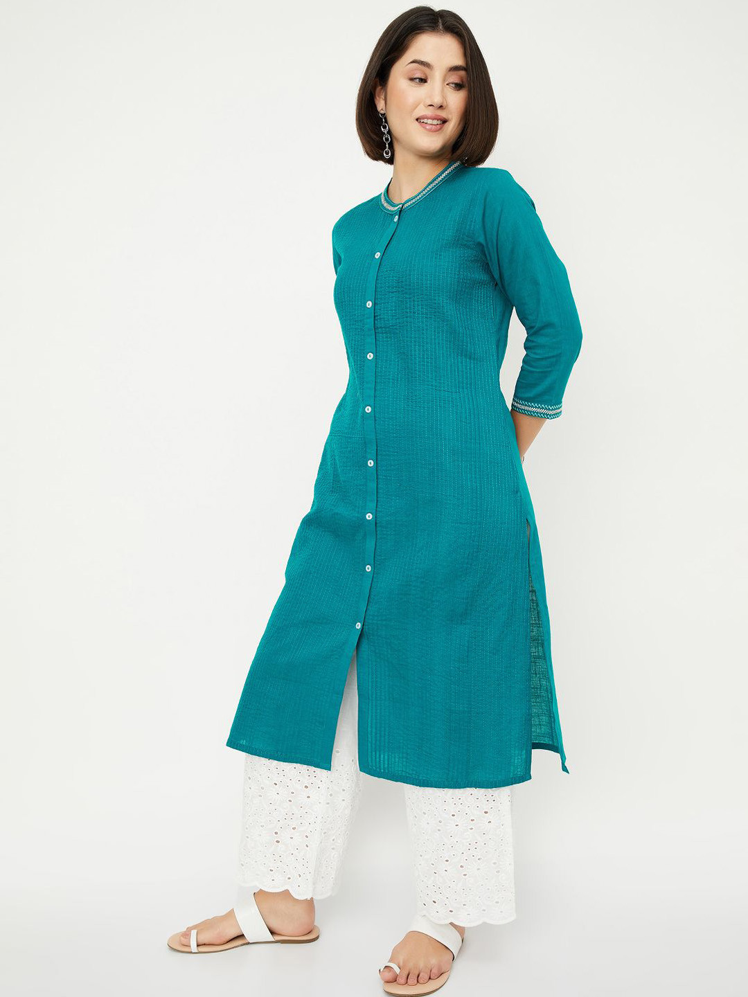 max Thread Work Band Collar Straight Kurta