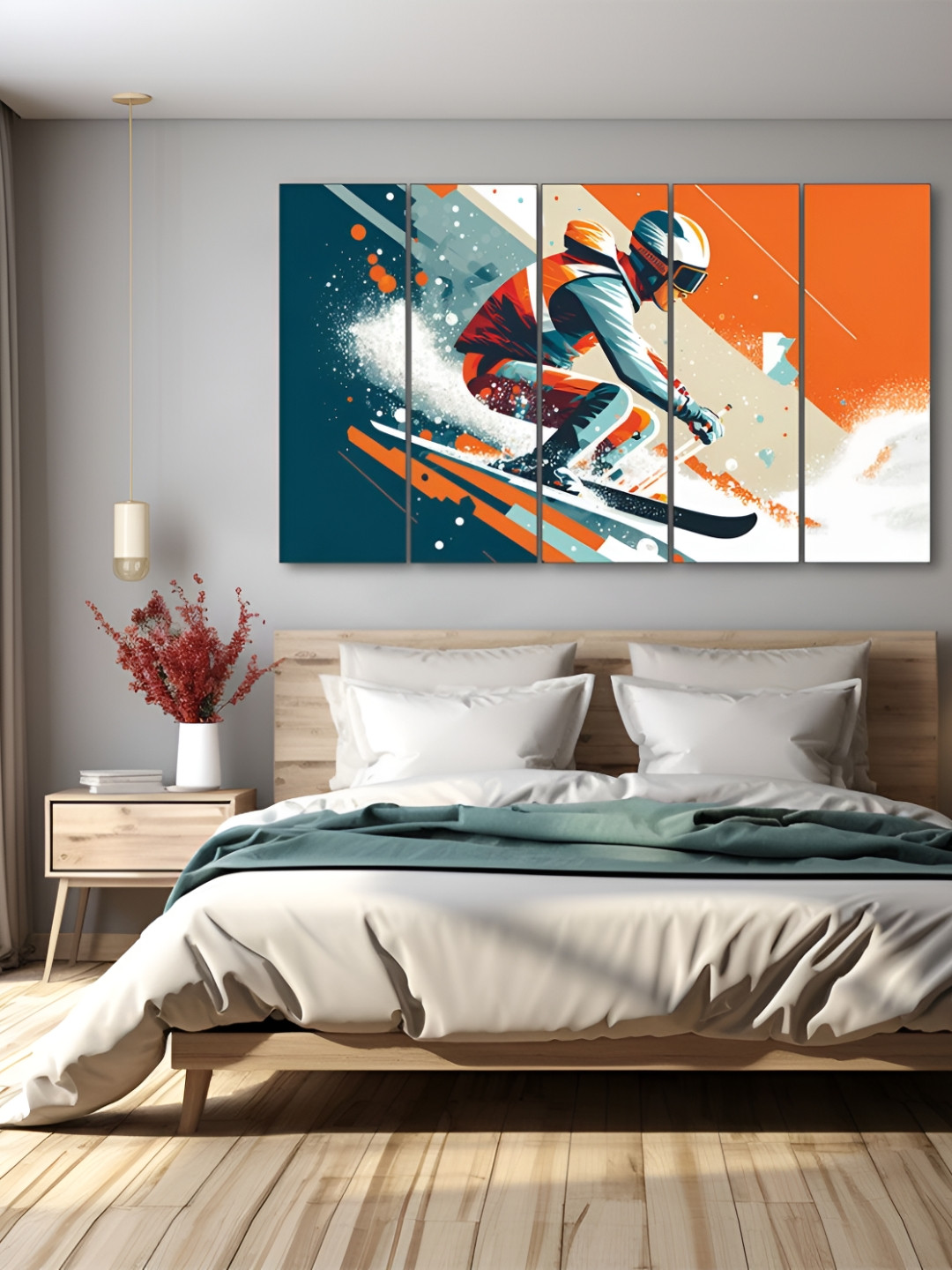 The Castle Decor Orange & Teal 5 Piece Wooden Sports Abstract Wall Paintings