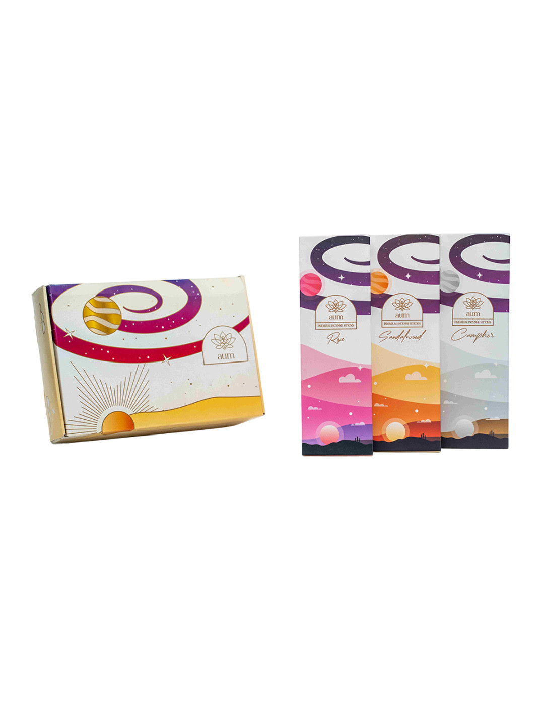 AUM ESSENCE 3 Pcs Sandalwood, Camphor & Rose Incense Sticks - 70 Sticks Each