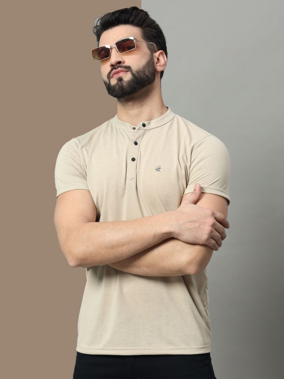 OGEN Men Beige Henley Neck T-shirt