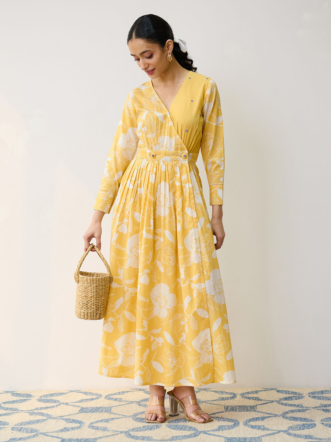 Rustorange Women Mango Yellow Ayesha Cotton Overlap Dress with Hand Embroidery Detail