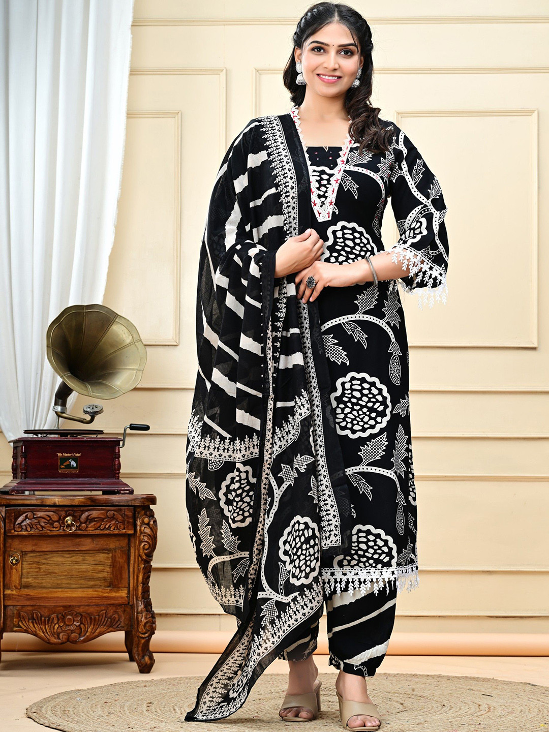 RAABA Floral Printed Square Neck Mirror Work Straight Kurta With Salwar & Dupatta