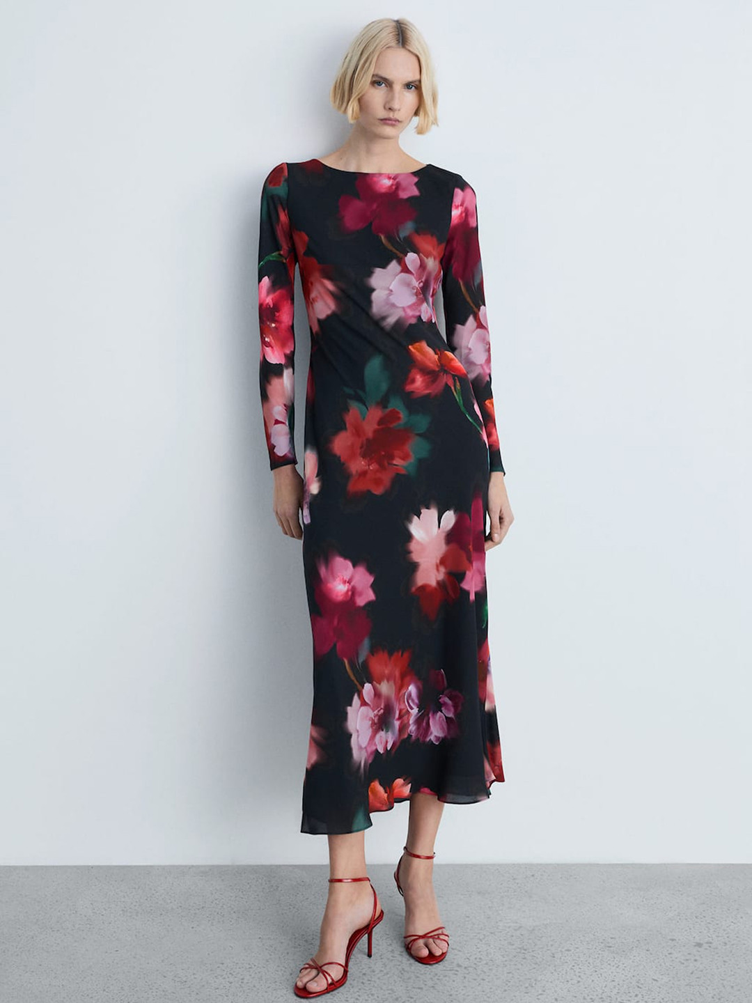 MANGO Floral Print Boat Neck Georgette Slip Midi Shift Dress
