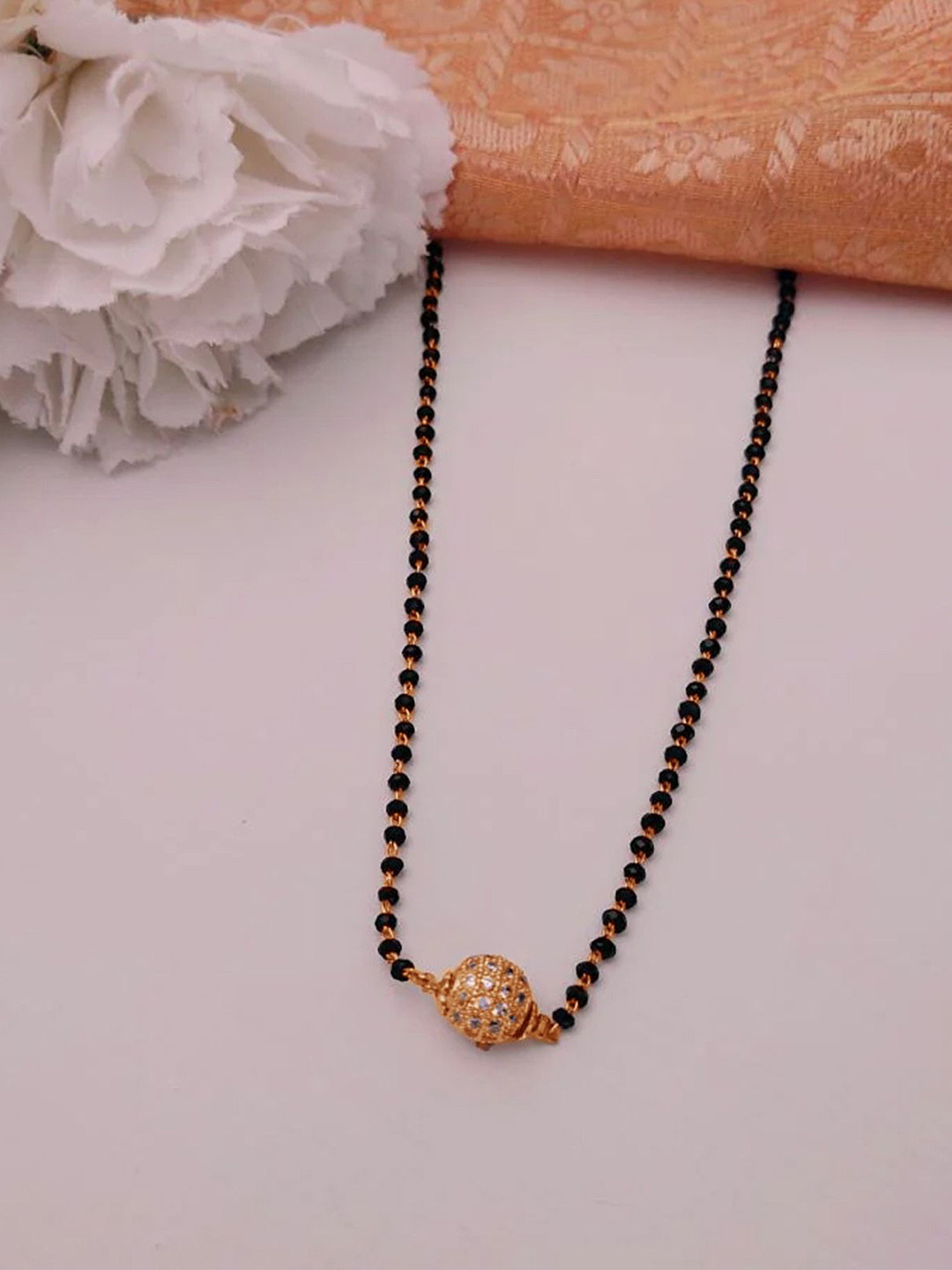 VAMA Women Rose Gold Ball Black Beads Chain Diamond stone Mangalsutra