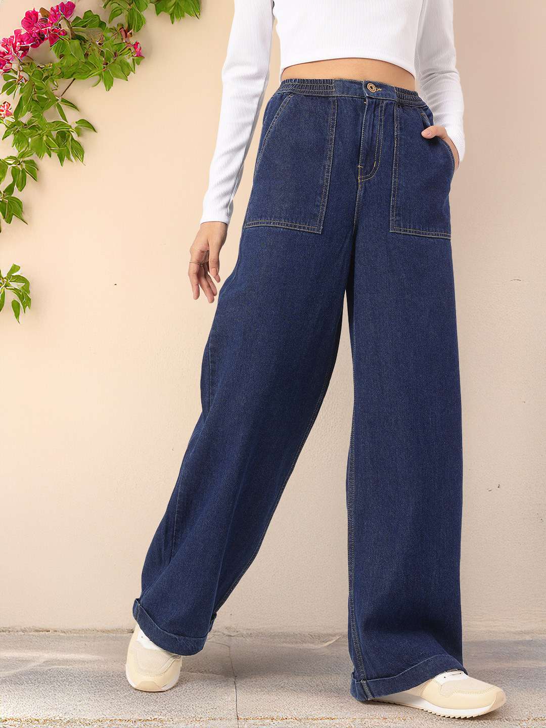 DressBerry Women Wide Leg Non-Stretchable Jeans