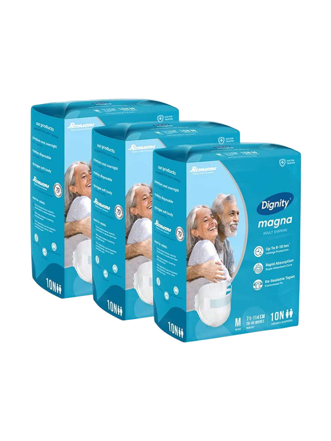 Dignity Set Of 3 Magna Adult Diapers For Leakage Protection - M - 10 Pcs Each