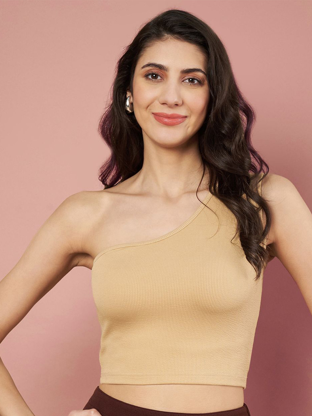 Beige One Shoulder Ribbed Crop Top