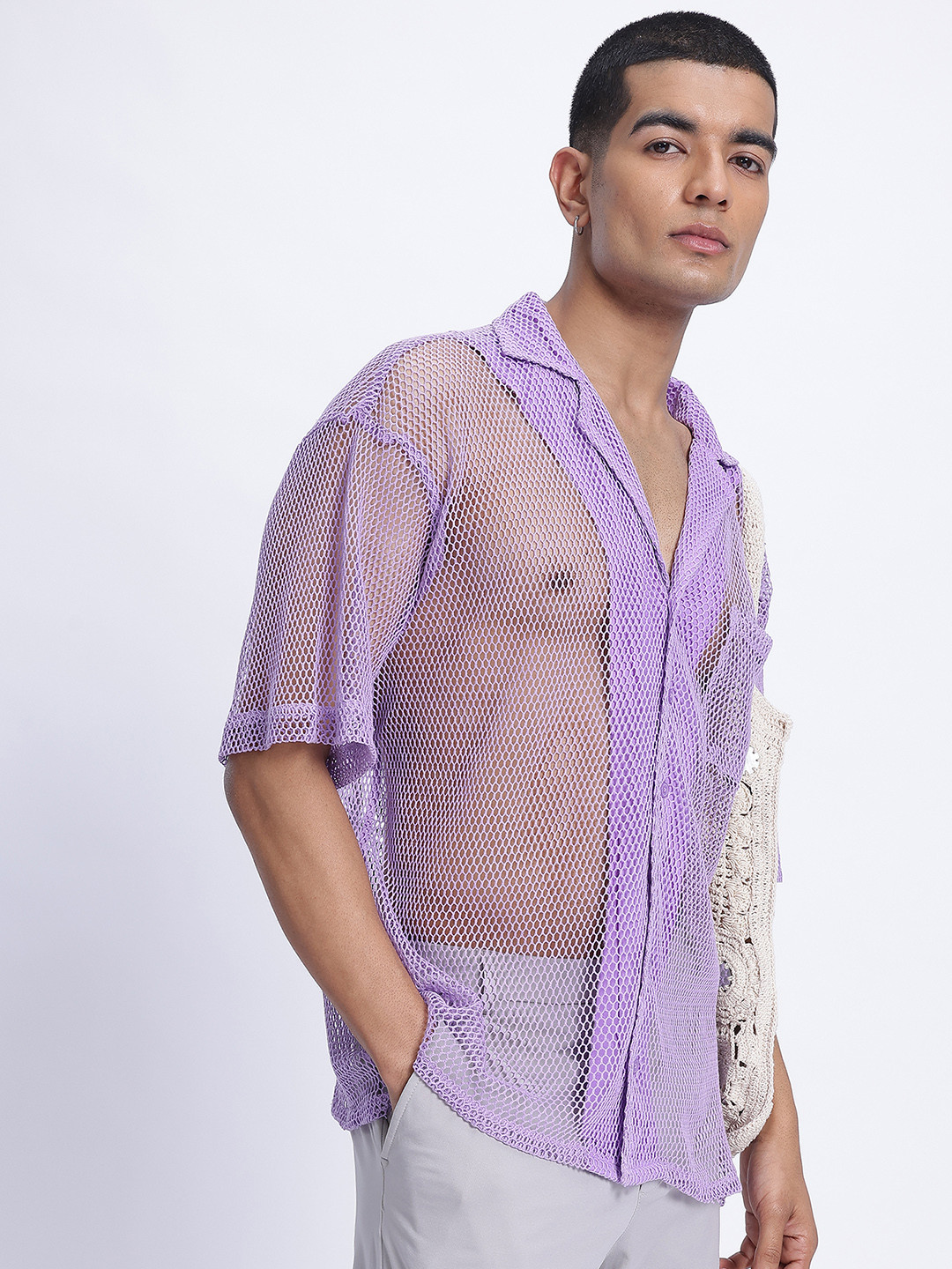 glitchez Sheer Oversized Bowling Shirt