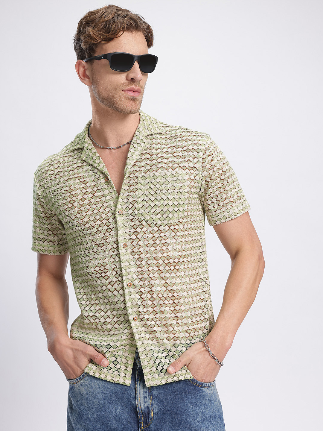 glitchez Self-Design Relaxed Fit Semi Sheer Shirt
