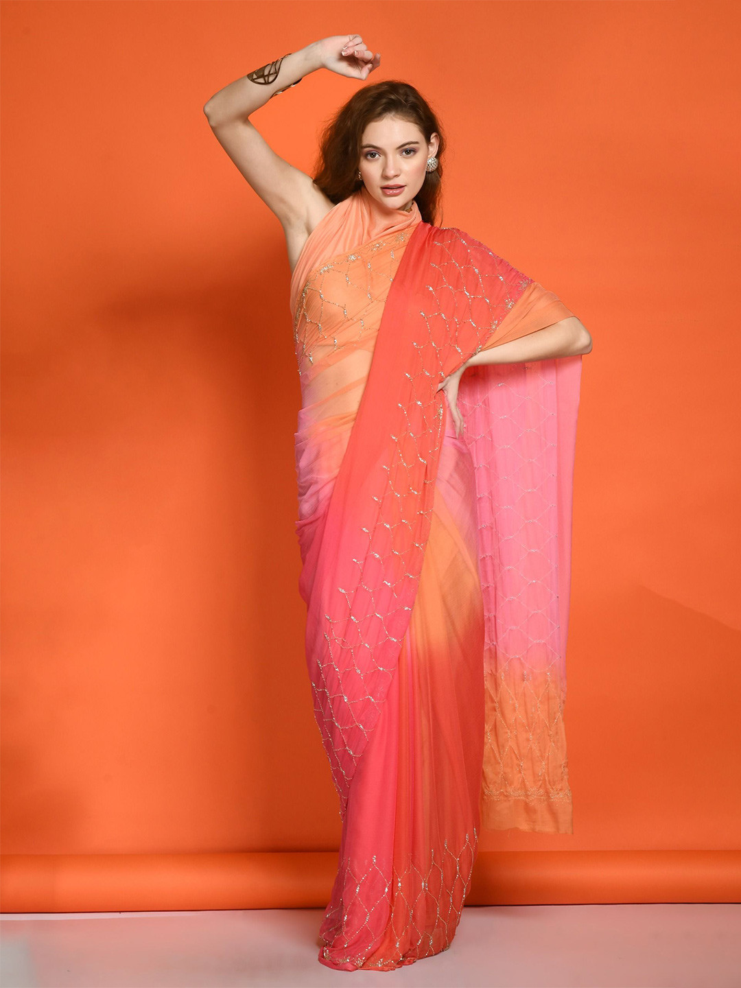 House of Chiffon Ombre Pink Blast Chiffon Saree